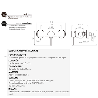 Mezclador Ducha Monocontrol Cuerpo Expuesto Satinado Fiorenzo
