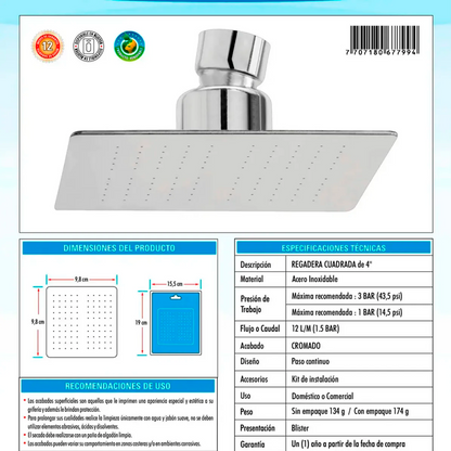Regadera Ducha Cuadrada 4 PuLG 10cm Plateada