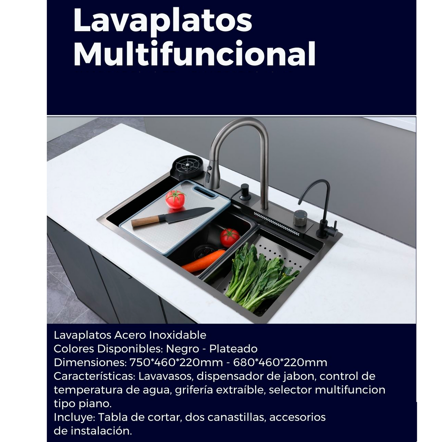 Lavaplatos en Acero Multifuncional 68*46*22cm Plateado+Accesorios