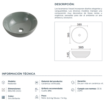 Lavamanos de Sobreponer Redondo Vessel Gris Brillante