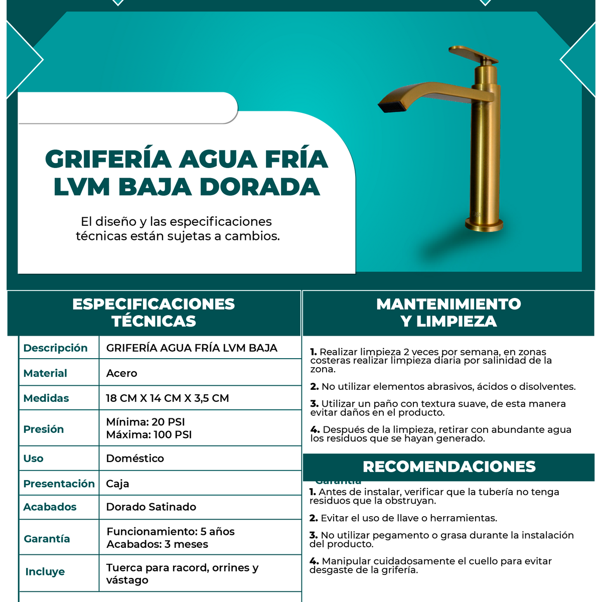 Griferia Lavamanos Agua Fria Baja Dorado Cepillado