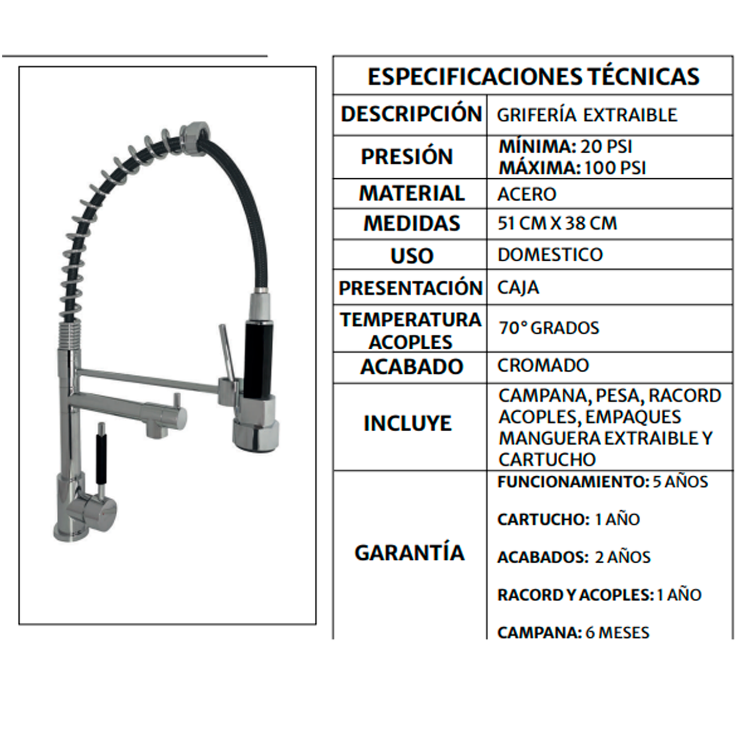 Griferia Monocontrol Lavaplatos Industrial Extraible Plateada