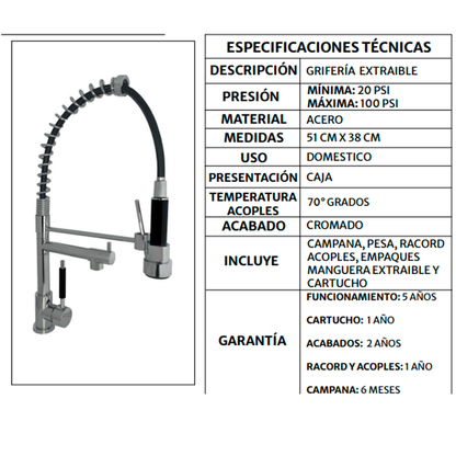 Griferia Monocontrol Lavaplatos Industrial Extraible Plateada