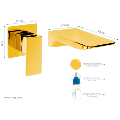 Griferia Monocontrol Lavamanos a Pared Gold Brillante