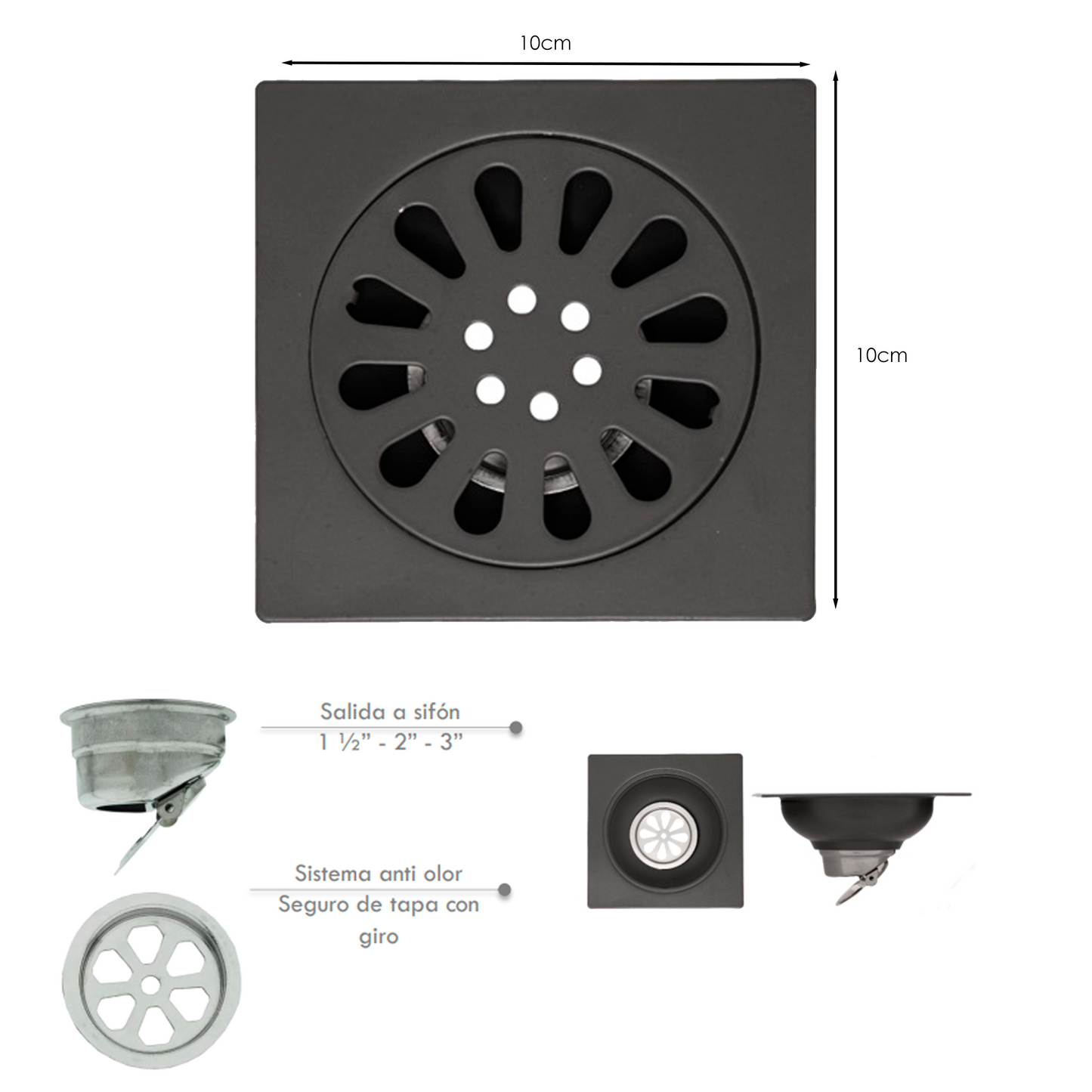 Rejilla de Piso Cuadrada 10*10cm Gris Mate Sol Gun Gray