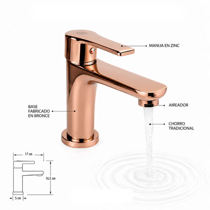 Griferia Lavamanos Monocontrol Baja Bronce Oro Rosa Manija Zinc
