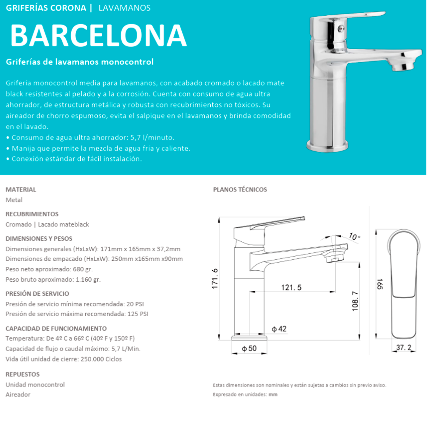 Grifería para Lavamanos Monocontrol Barcelona GRIVAL