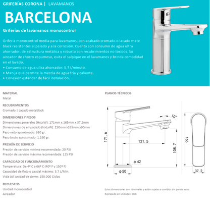 Grifería para Lavamanos Monocontrol Barcelona GRIVAL