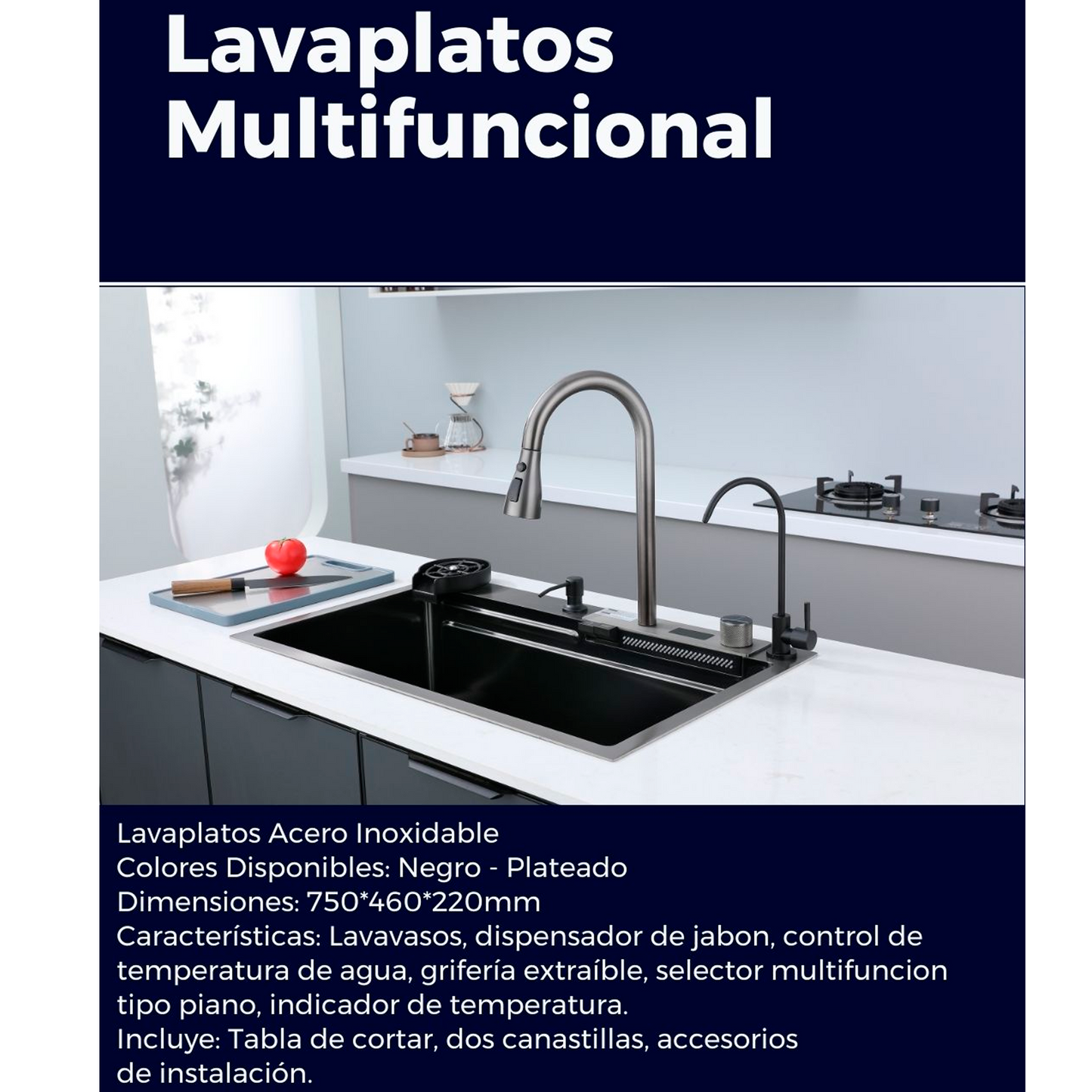 Lavaplatos en Acero Multifuncional 75*46*22cm Negro con Accesorios
