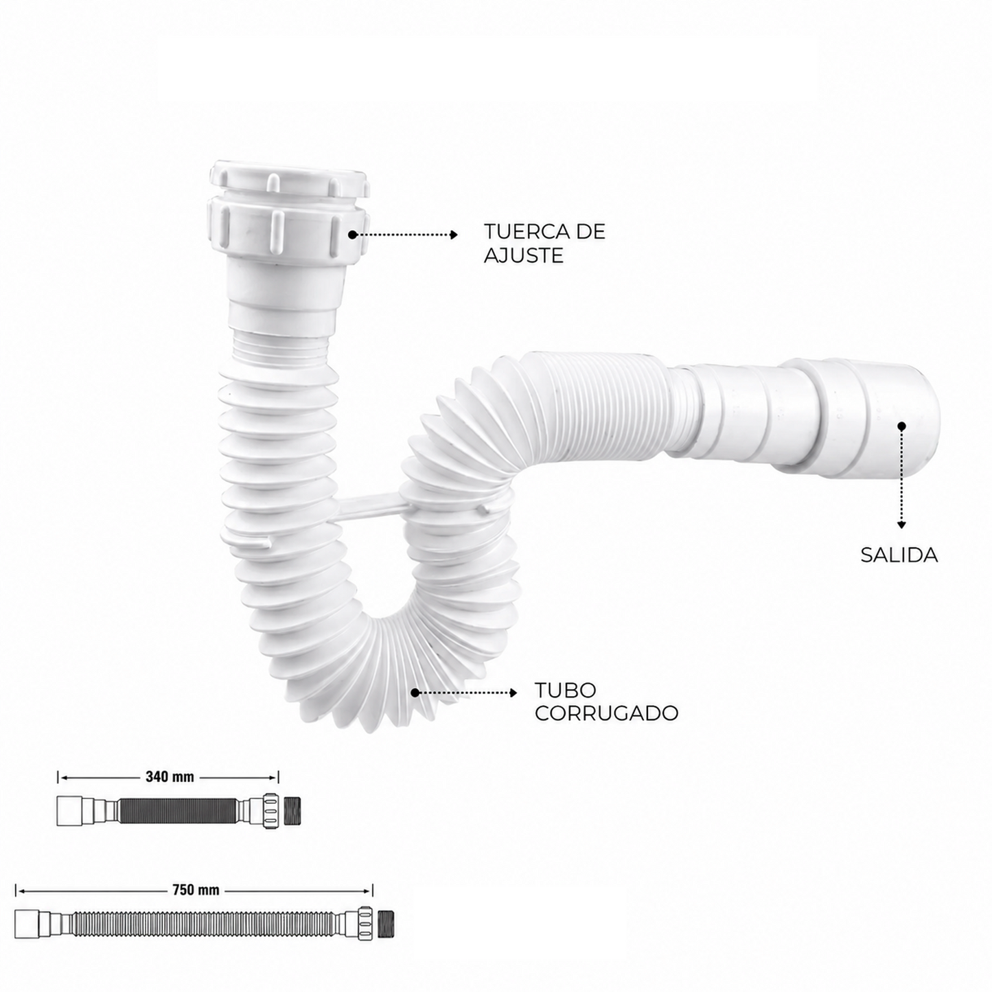 Sifon Flexible para Lavamanos o Lavaplatos Sencillo Blanco