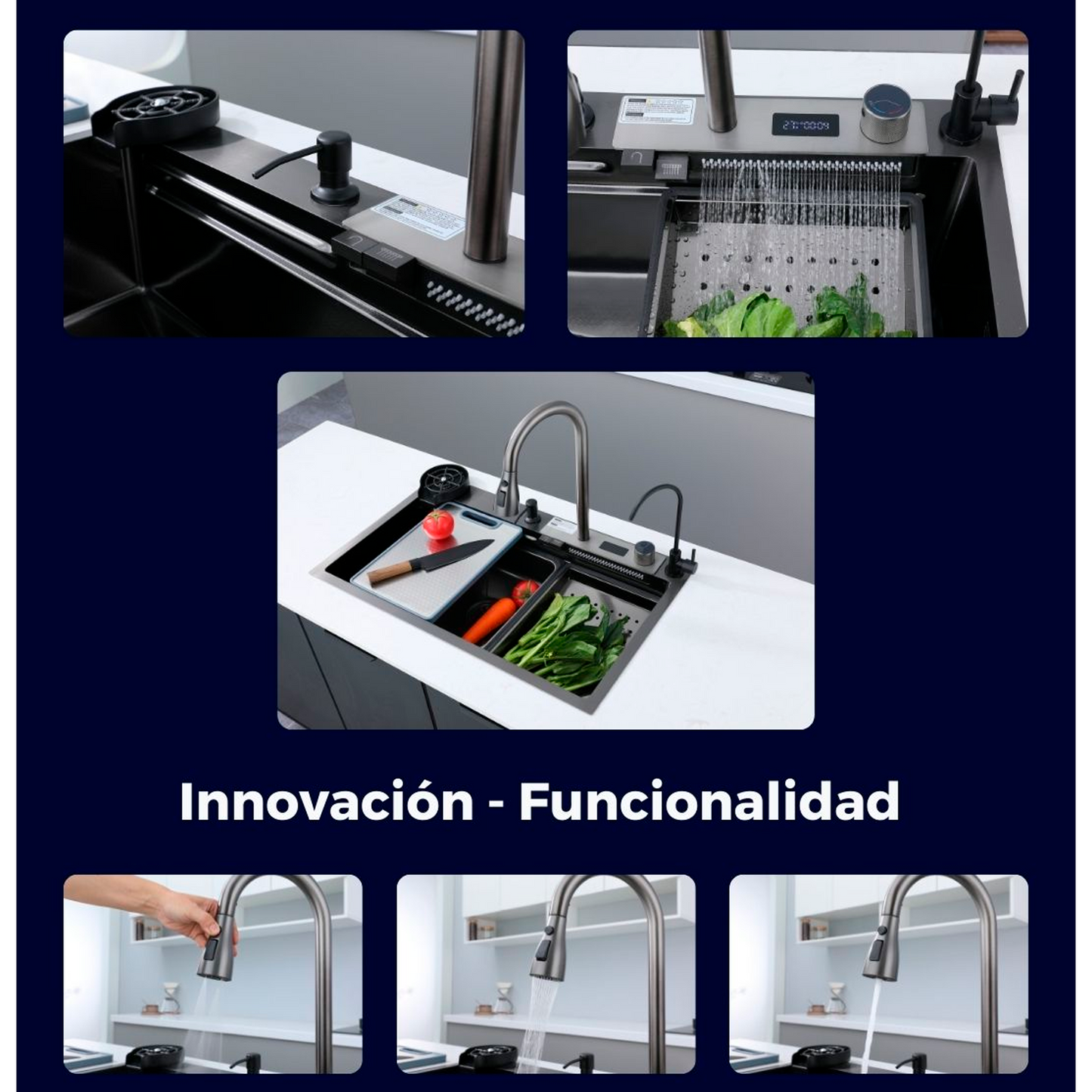 Lavaplatos en Acero Multifuncional 75*46*22cm Negro con Accesorios