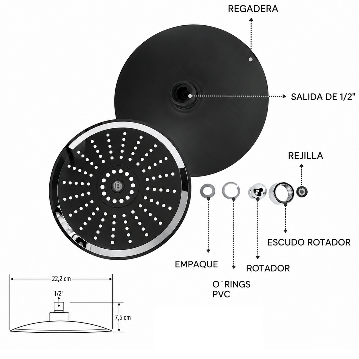 Ducha Regadera 20cm Redonda Negro/Cromada