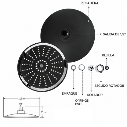 Ducha Regadera 20cm Redonda Negro/Cromada