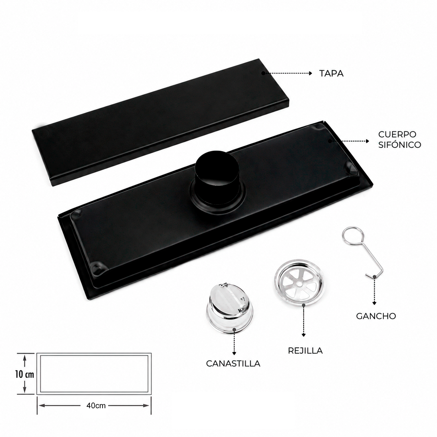 Rejilla de Piso Invisible 40*10cm Antiolor Negro Mate