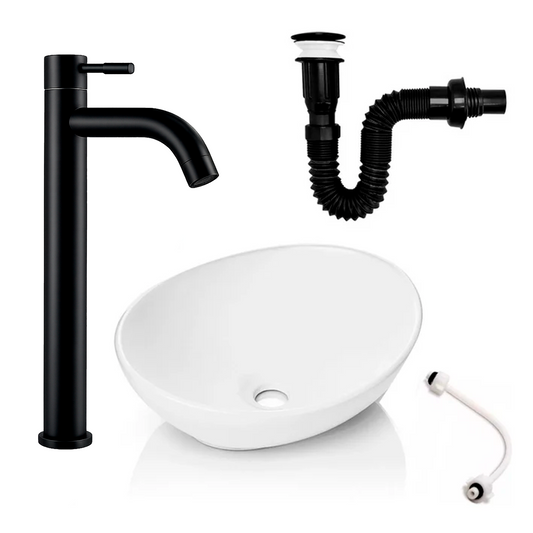Kit Lavamanos Blanco+griferia Negro Mate+push Y Acople