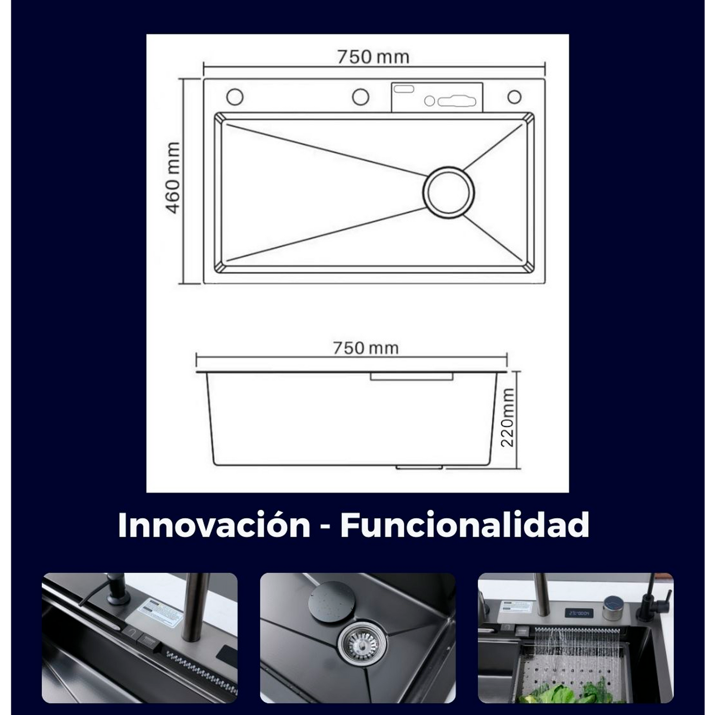 Lavaplatos en Acero Multifuncional 75*46*22cm Negro con Accesorios