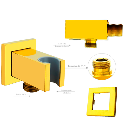 Portateleducha Cuadrado con Salida en Bronce Dorada