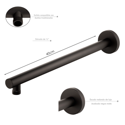 Tubo de Ducha Pared Redondo Nuvo 40cm Negro Mate