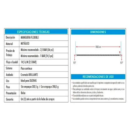 Manguera Para Teleducha Cromada De 1,50 Cm Plateada