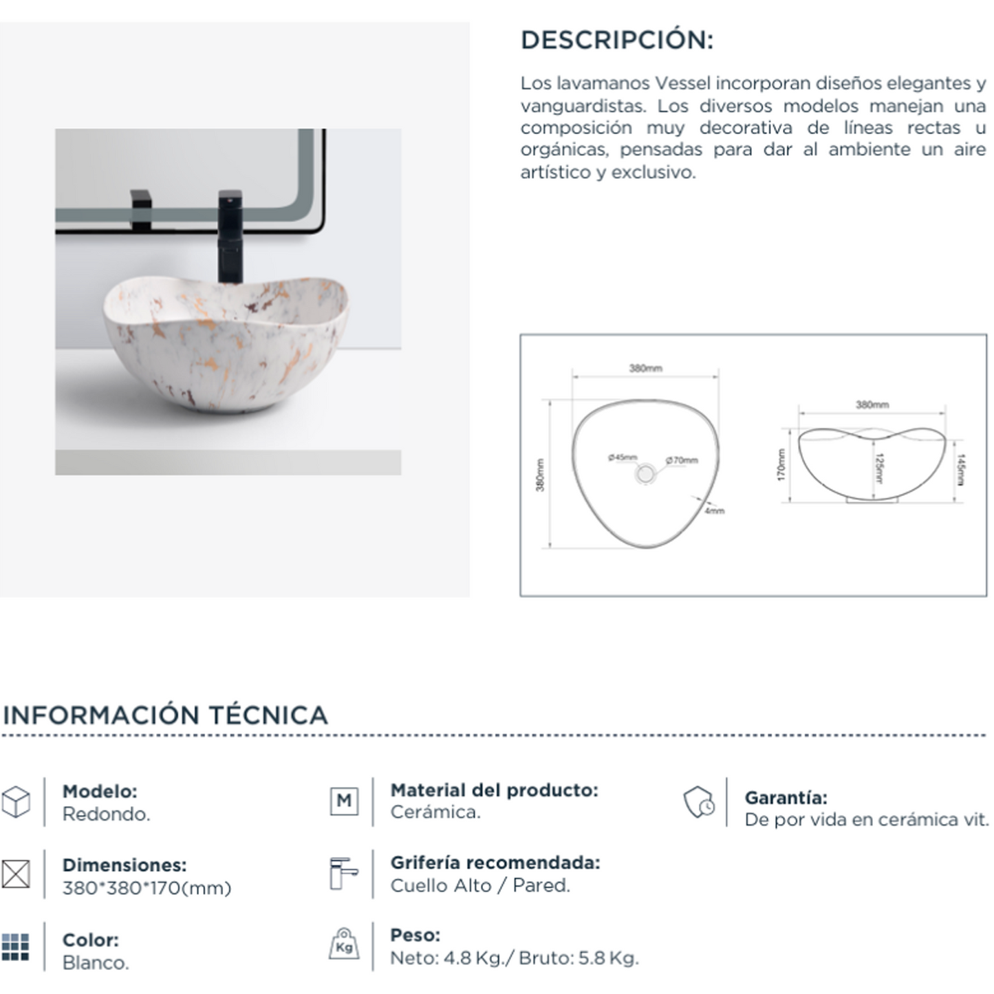 Lavamanos de Sobreponer Redondo Vessel Blanco Elegance