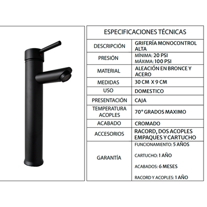 Griferia Monocontrol Lavamanos Alta Negro Mate