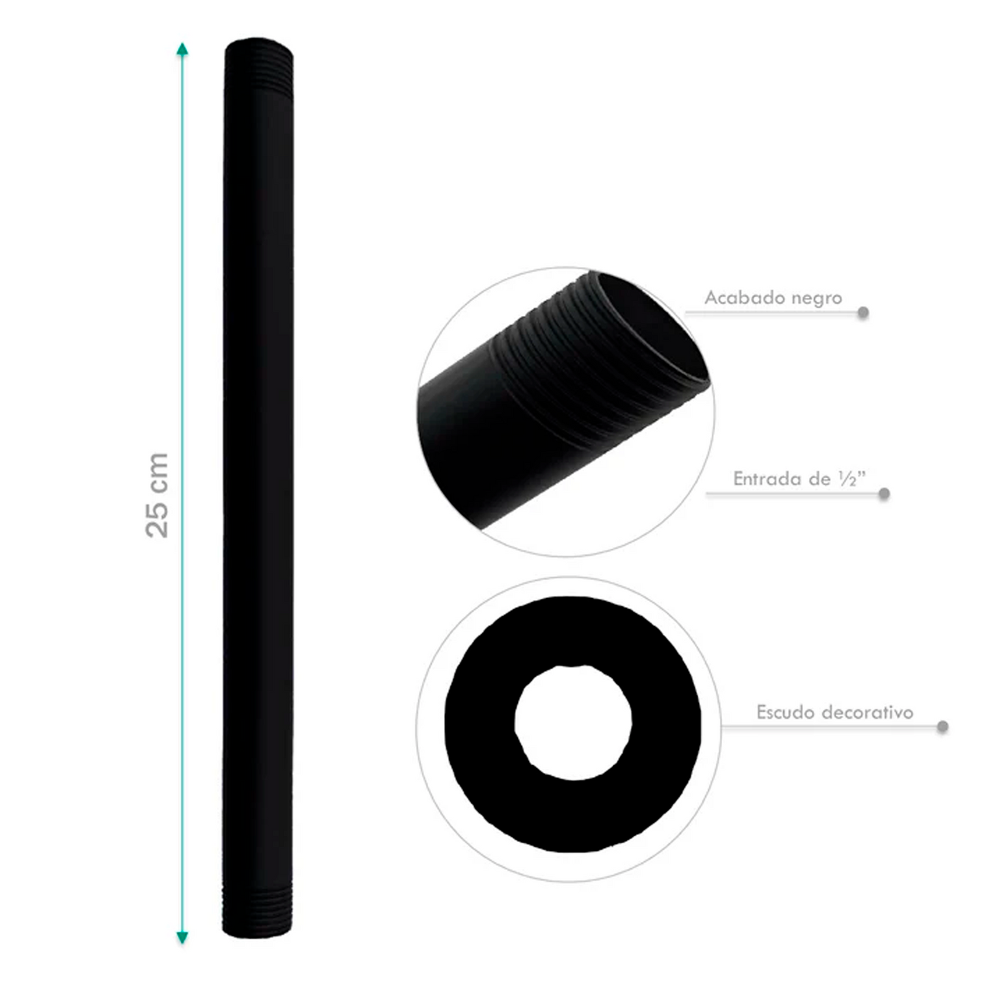 Regadera Ducha Cuadrada 15cm +Tubo a Techo 25cm Negro Mate