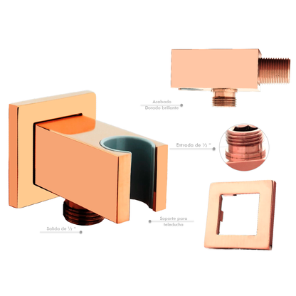 Portateleducha Cuadrado con Salida en Bronce Rose Gold