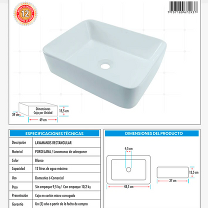 Kit Lavamanos Rectangular+grifo Agua Fria Plat.brillo+push