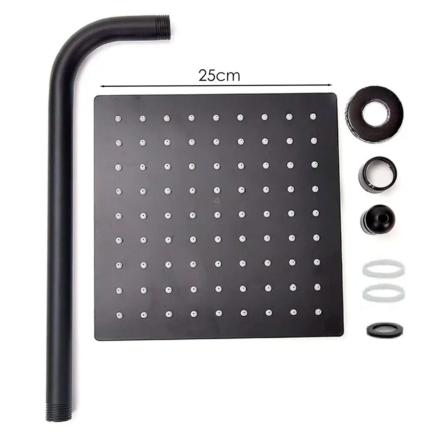Regadera Ducha Negro Mate Cuadrada 10Pulg (25cm)+Tubo