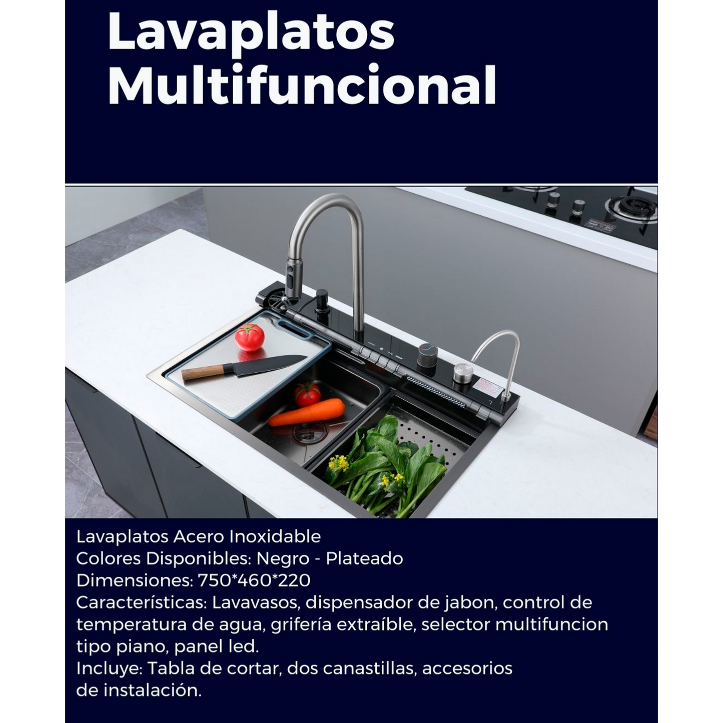Lavaplatos en Acero Multifuncional 75*46*22cm Plateado+Acces.