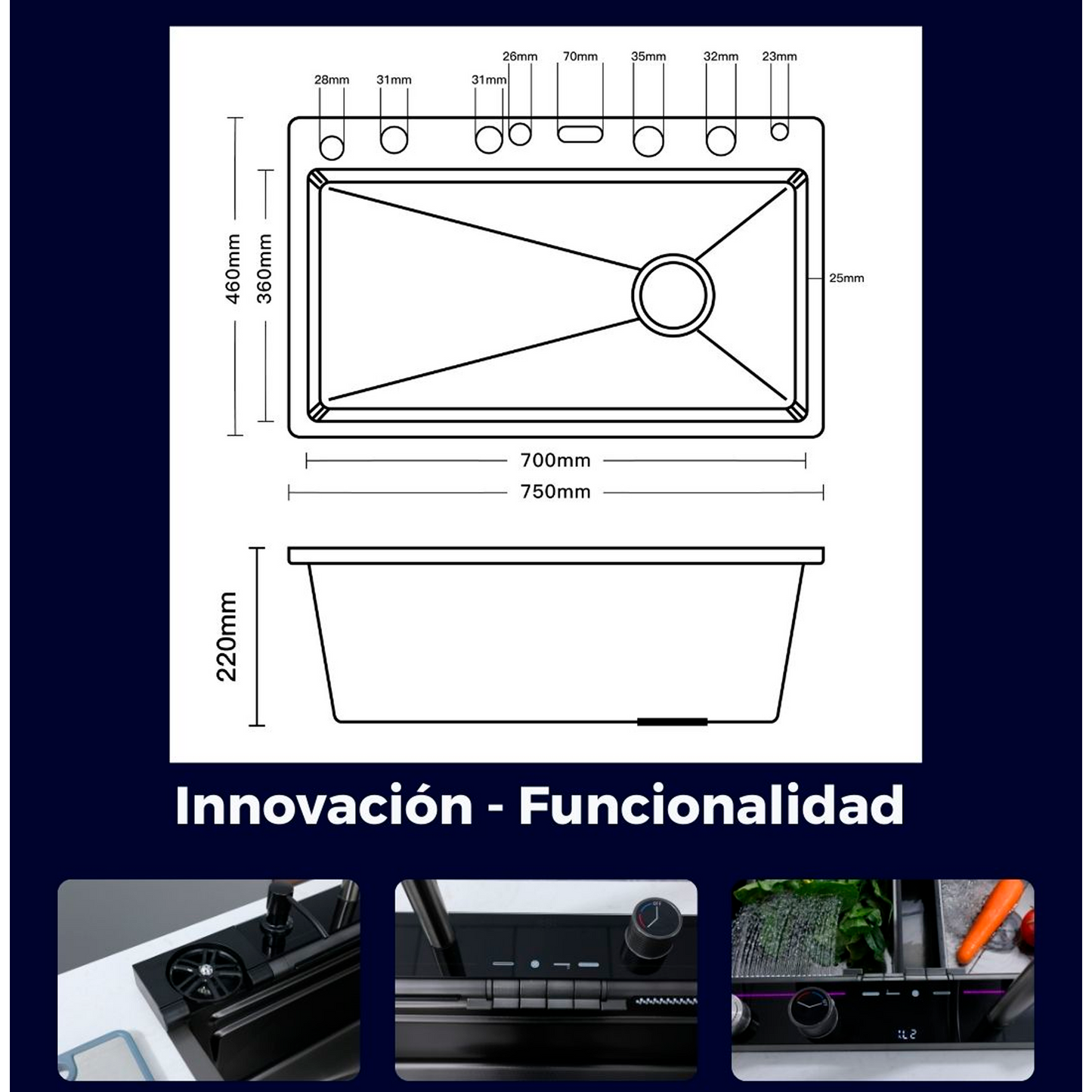 Lavaplatos en Acero Multifuncional 75*46*22cm Plateado+Acces.