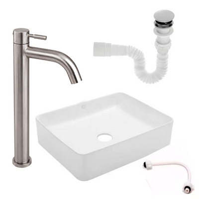 Kit Lavamanos Rectangular+grifo Agua Fria Plat.brillo+push
