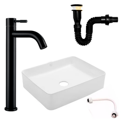 Kit Lavamanos Rectangular+griferia Agua Fria Negro Mate+push