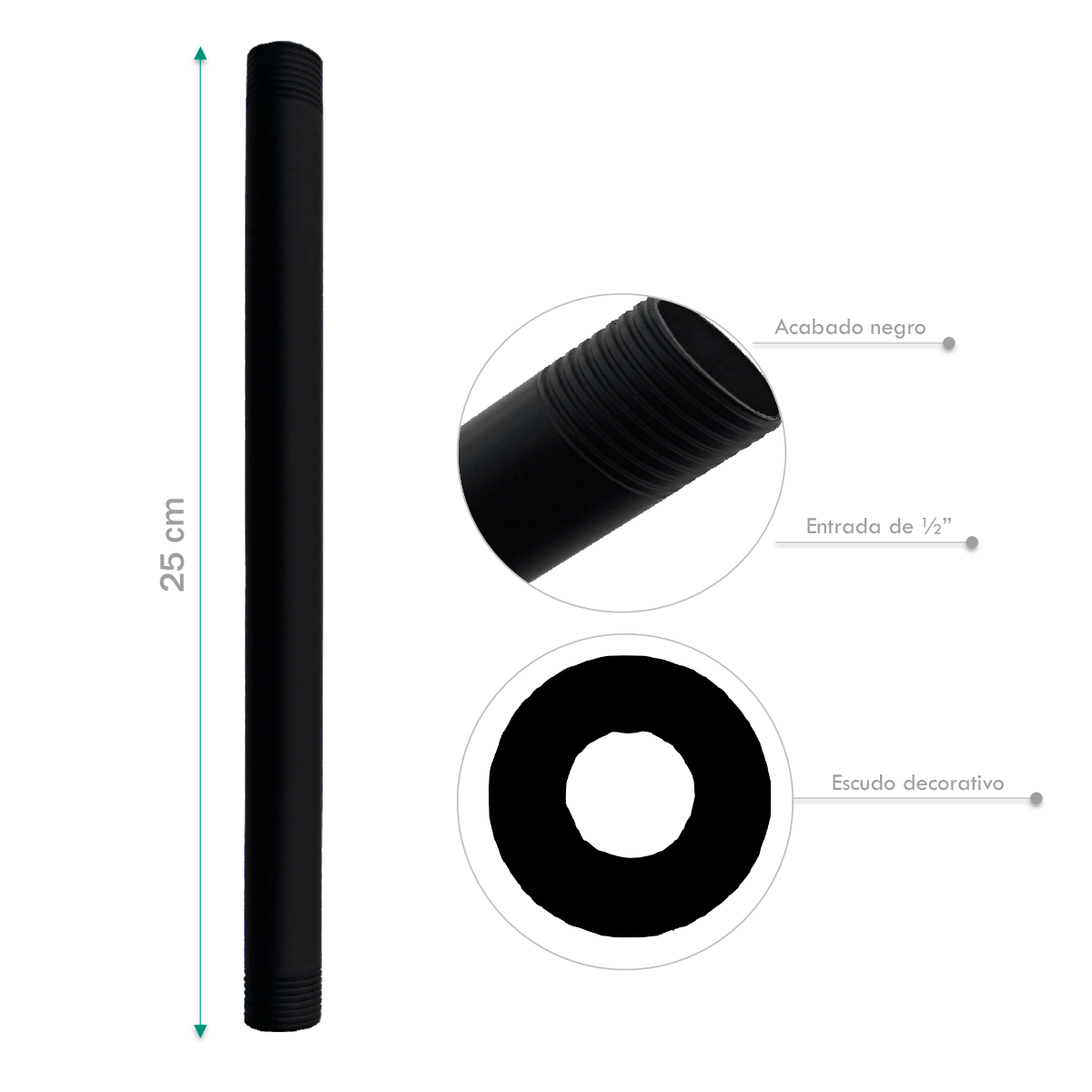 Tubo de Ducha a Techo 25cm Negro Mate