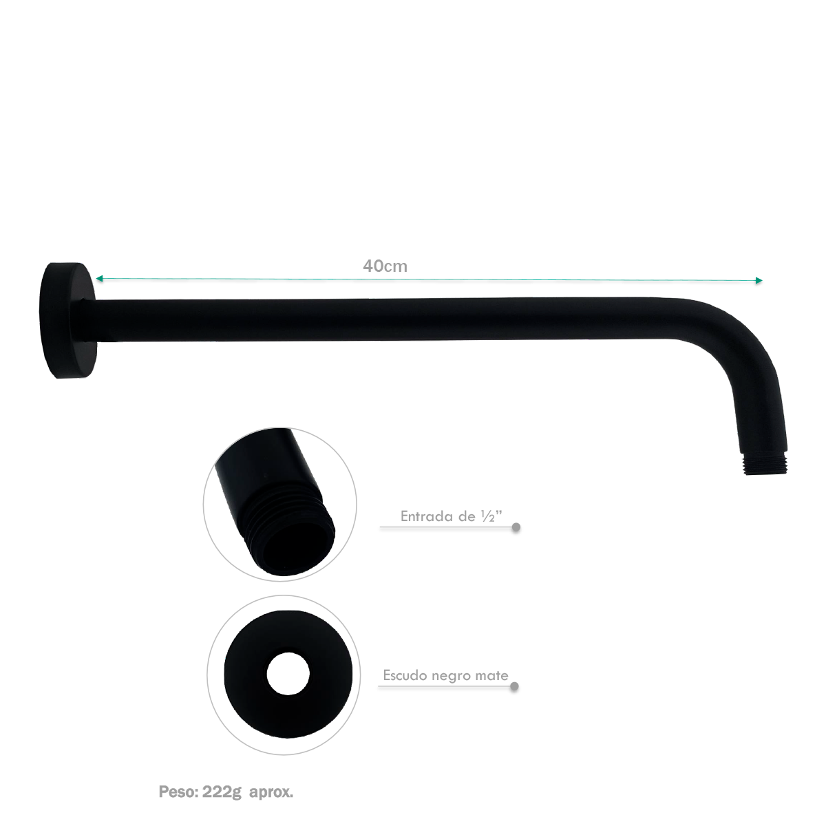 Tubo de Ducha Pared Redondo 40cm Negro Mate