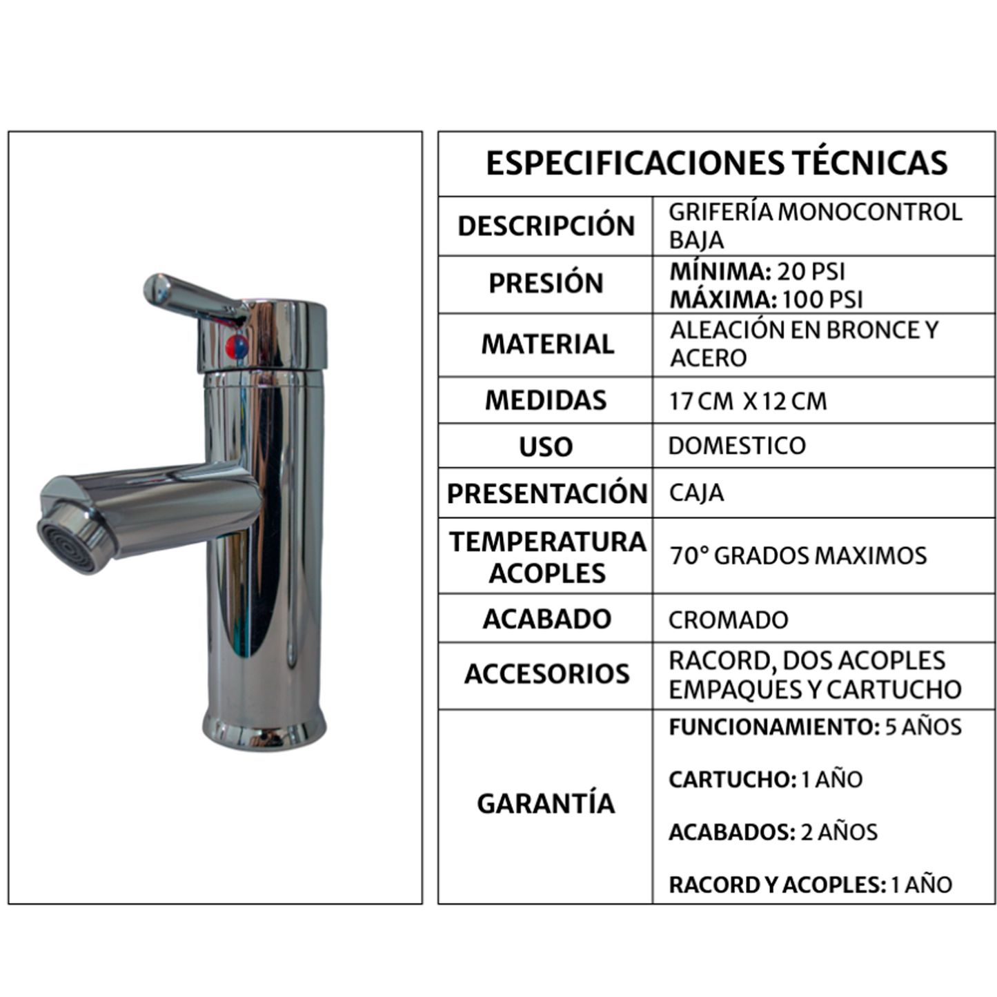 Griferia Monocontrol Lavamanos Baja Pico Recto Plateada