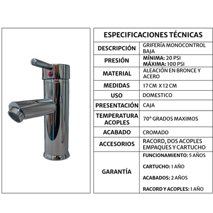 Griferia Monocontrol Lavamanos Baja Pico Recto Plateada