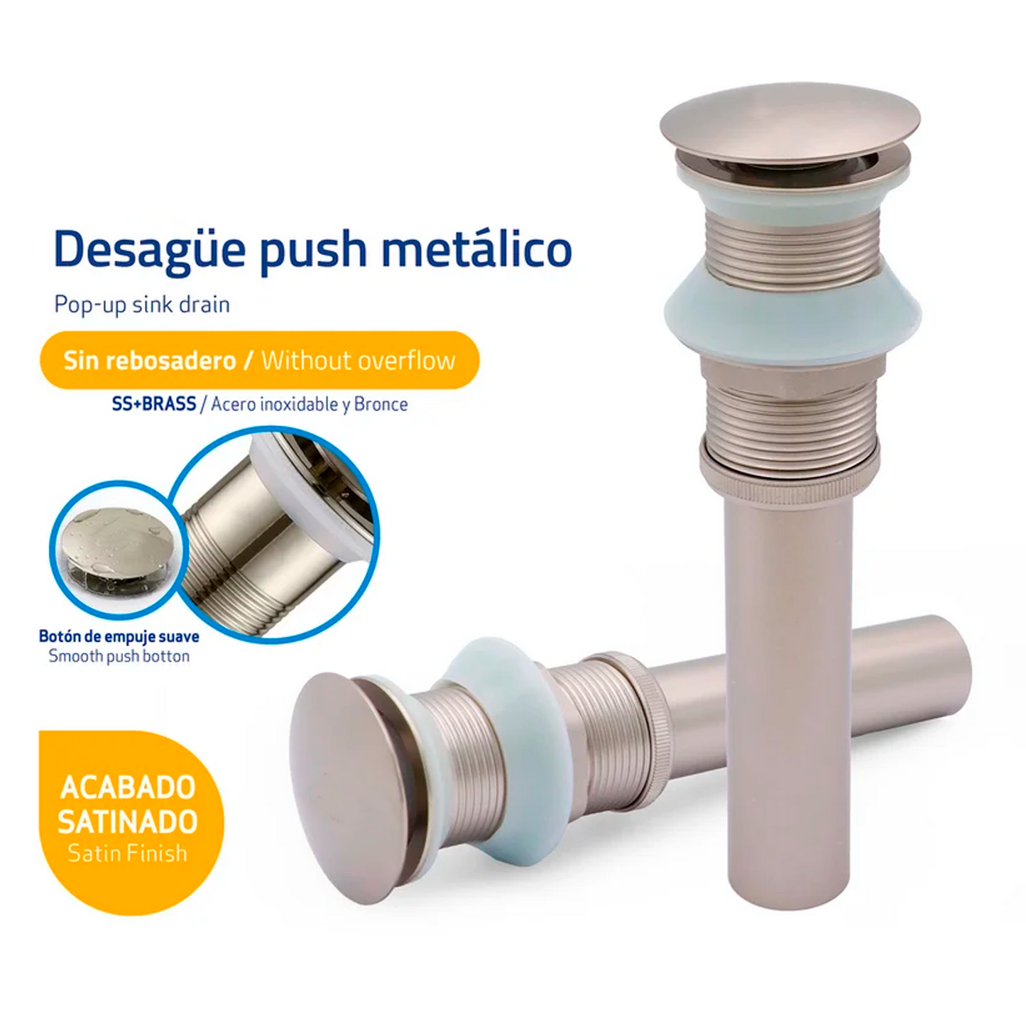 Desague de Push para Lavamanos sin Rebose Plateado Satinado