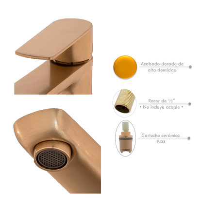 Griferia Lavamanos Agua Fria Alta Dorado Cepillado Sleek