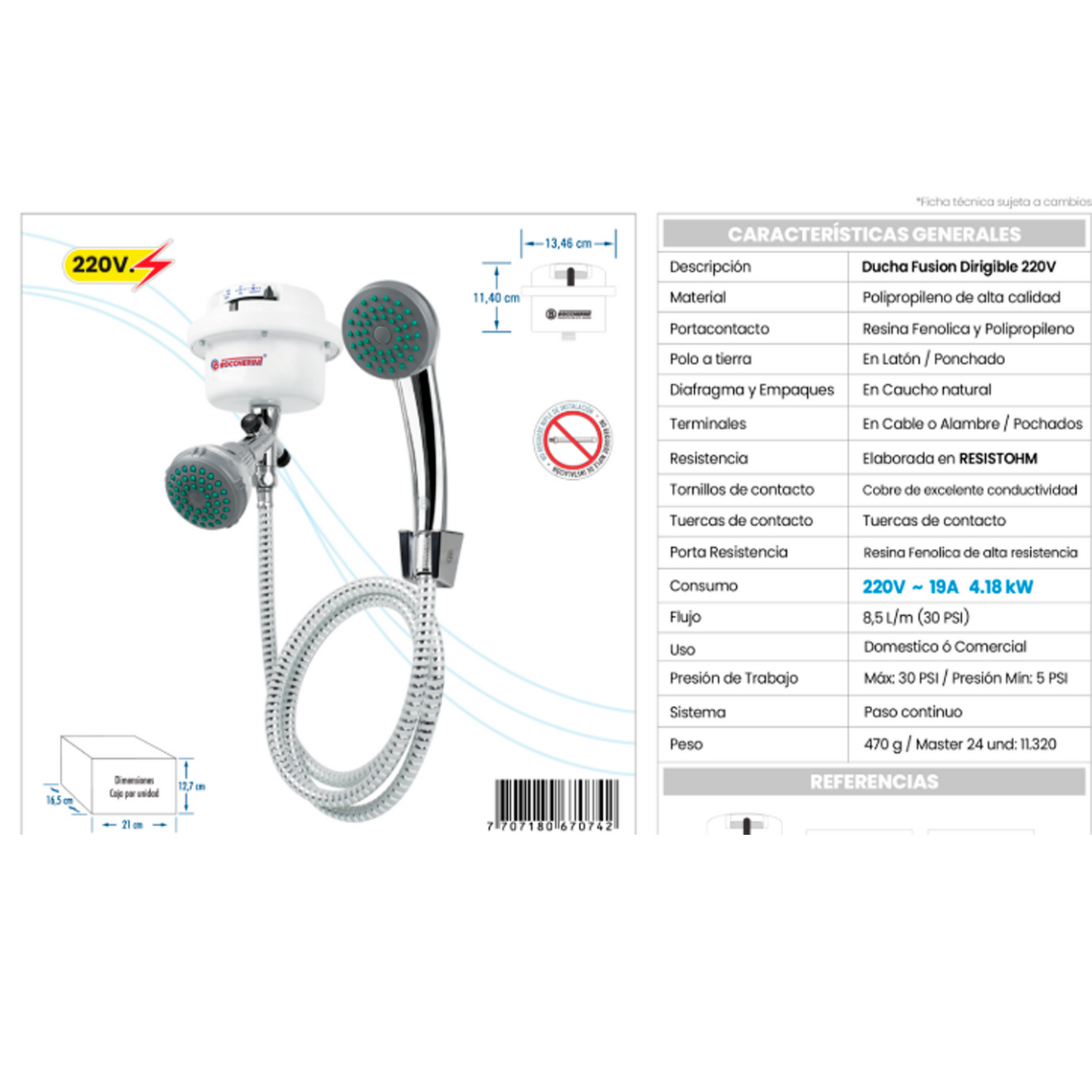 Ducha Electrica Kit Dirigible Blanca 220V