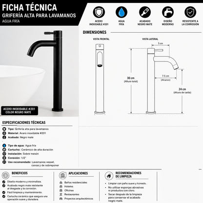 Kit Lavamanos Cuadrado+griferia Agua Fria Negro Mate+push