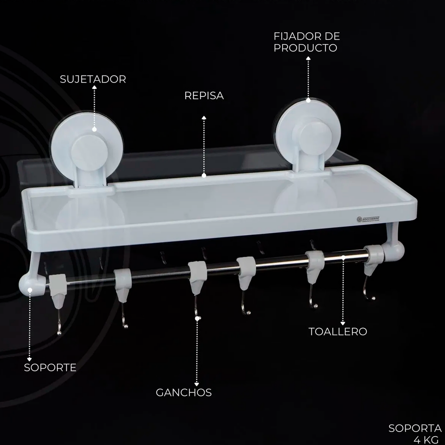 Repisa + Toallero con Ganchos para Baño Blanco con Ventosa