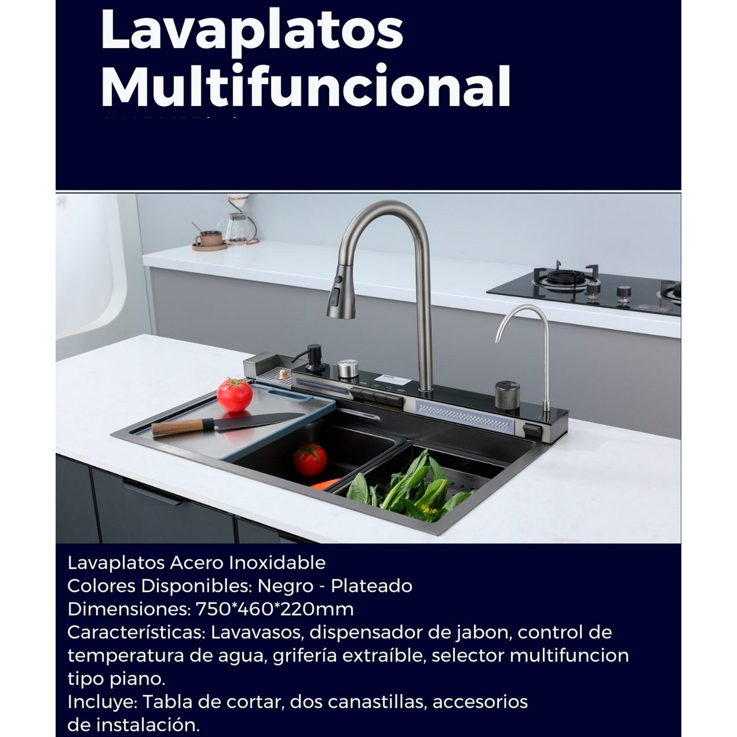Lavaplatos en Acero Multifuncional 75*46*22cm Negro+Accesorios