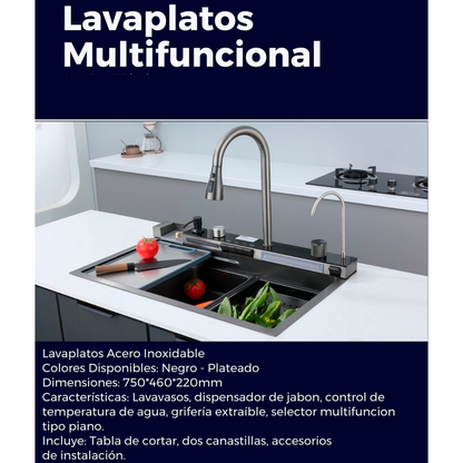 Lavaplatos en Acero Multifuncional 75*46*22cm Negro+Accesorios