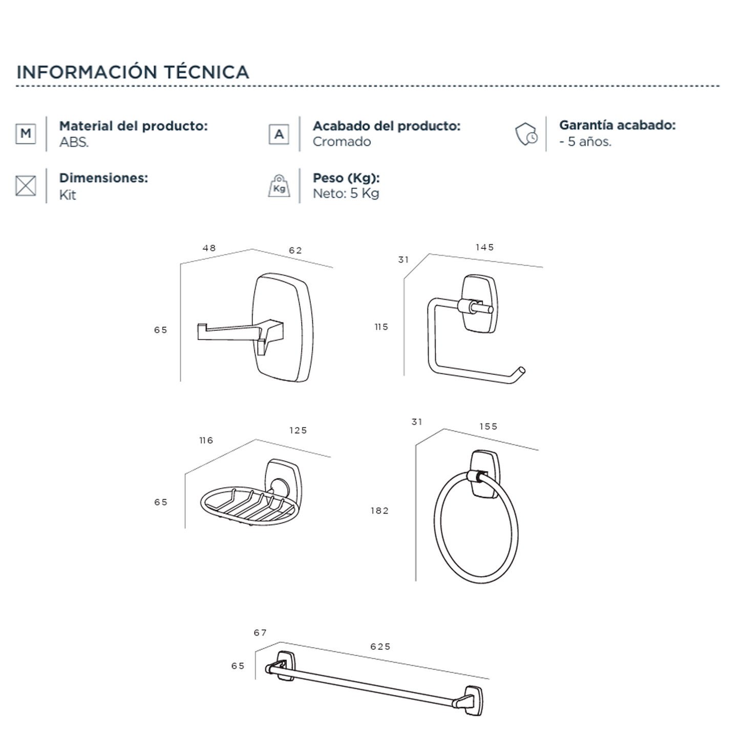 Juego de Accesorios para Baño x5 Piezas ABS Plateado Oregon-B