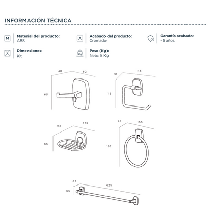 Juego de Accesorios para Baño x5 Piezas ABS Plateado Oregon-B
