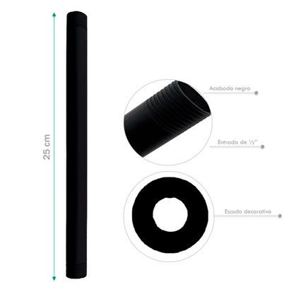 Regadera Ducha Cuadrada 30cm +Tubo a Techo 25cm Negro Mate