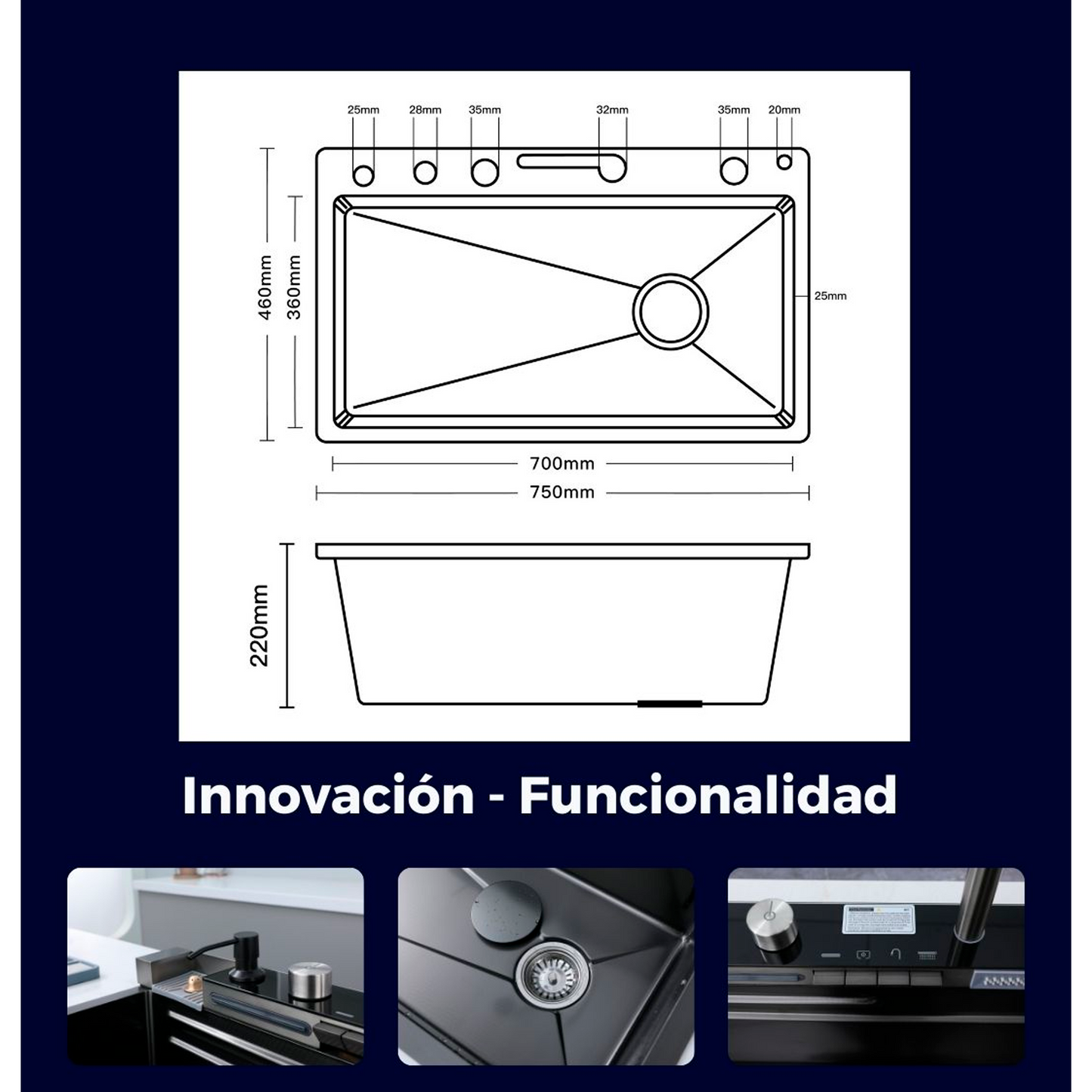 Lavaplatos en Acero Multifuncional 75*46*22cm Negro+Accesorios