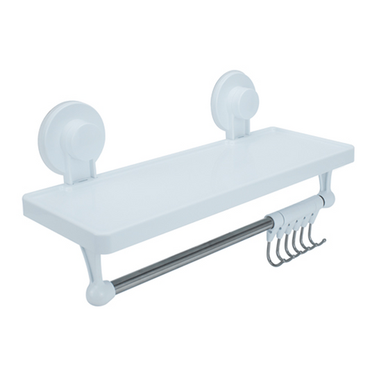 Repisa + Toallero con Ganchos para Baño Blanco con Ventosa