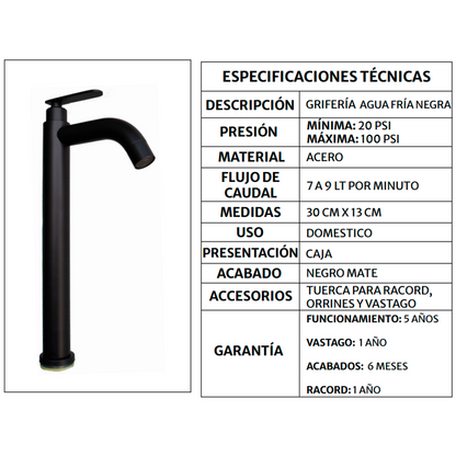 Griferia Agua Fria Lavamanos Alta Tubular Negro Mate